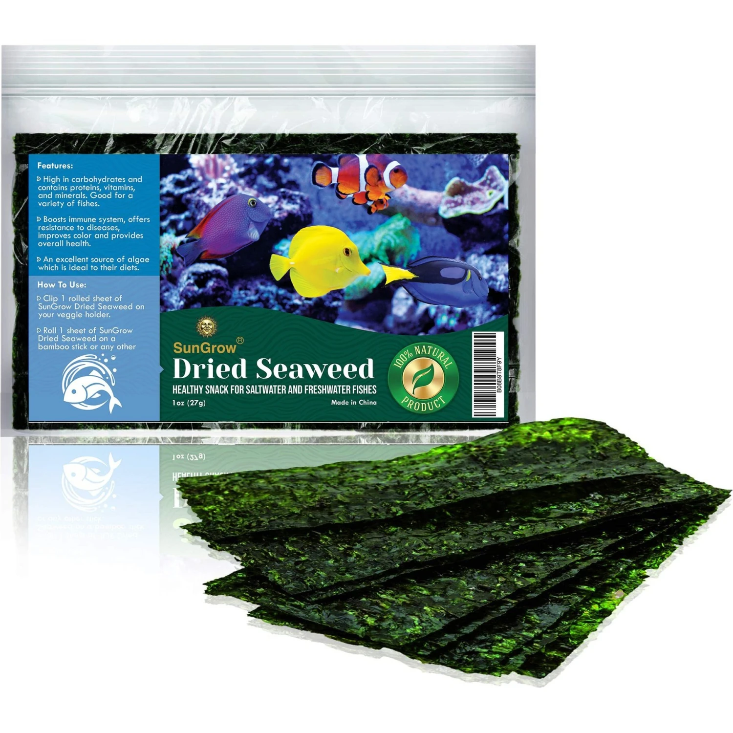 SunGrow Dried Green Seaweed Sheets Snack For Betta & Hermit Crab, Veggie Fish Food Supplement 3 SunGrow Dried Green Seaweed Sheets Snack For Betta & Hermit Crab, Veggie Fish Food Supplement